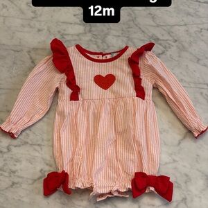 Pink Striped Heart One-Piece with Red Ruffle & Bows